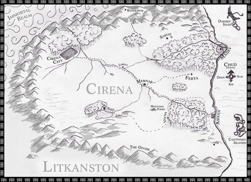 A grayscale fantasy map primarily focused on Cirena.