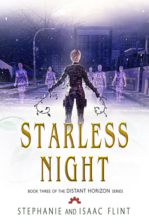 Book cover for Starless Night. A young woman in a black combat suit with thorny vines around her arms faces ghostly spirits in a wintery city street at night.