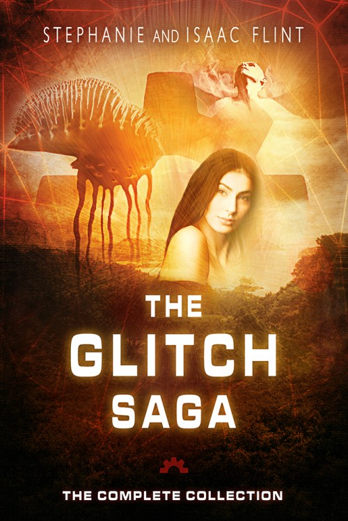 Book Cover for the Glitch Saga. Orange and red. A beautiful woman with black hair faces the viewer, there's an airship in the shape of a Portuguese Man'O'War, and an angry spirit rises above a forest.