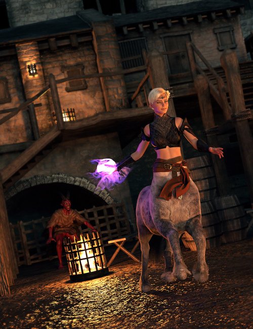 A centaur gallops away from a demon in castle with a fireball in her hand