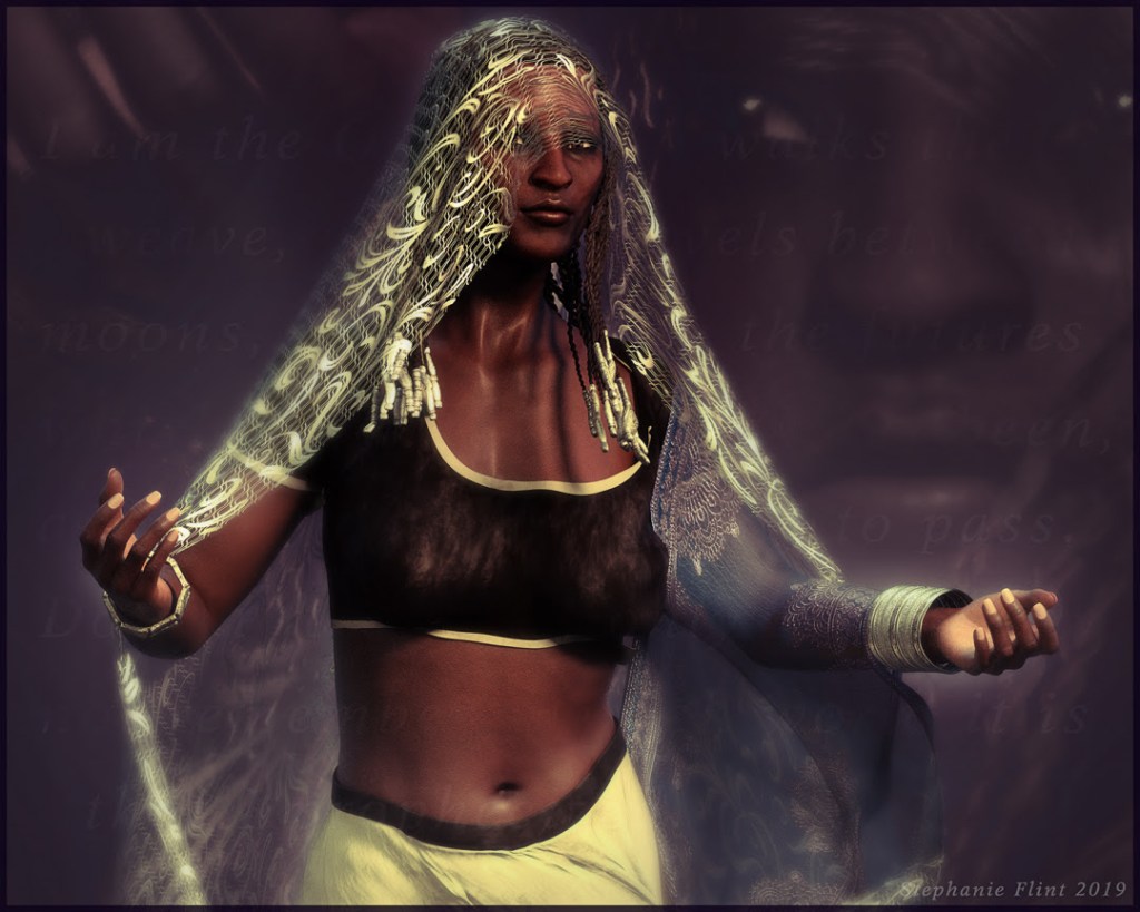 The goddess Meshon spreads her arms to do magic. She has dark skin, wears a sheer head scarf, and has beads in her braided hair.