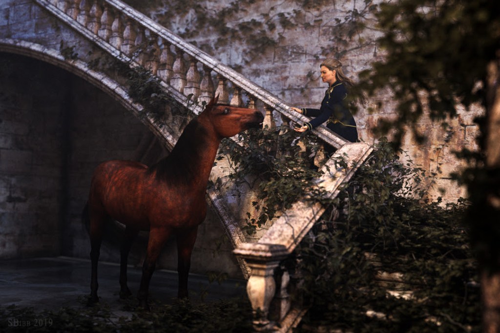A young woman standing on a vine-tangled staircase offers her hand to a curious horse at the foot of the stair.