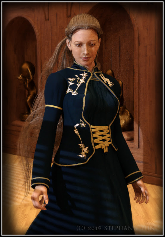 A young noblewoman with long brown hair  in a navy blue dress and overcoat.