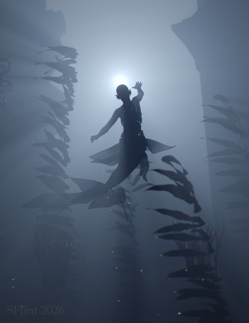 A mermaid swims up through kelp and pillars in a blue-gray sea toward a distant light.