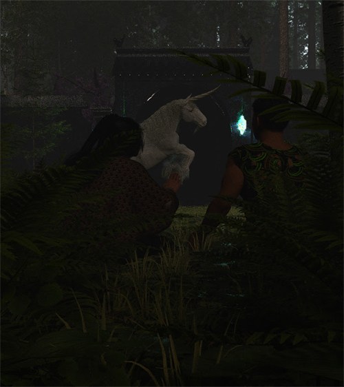 Very dark rendering of two people hiding while watching a rearing unicorn near a gate in the forest